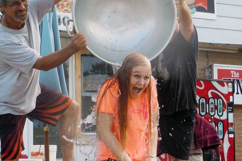 Sidney Teal, an employee at Bubba's Restaurant takes the ALS Ice Bucket Challenge there on September 1